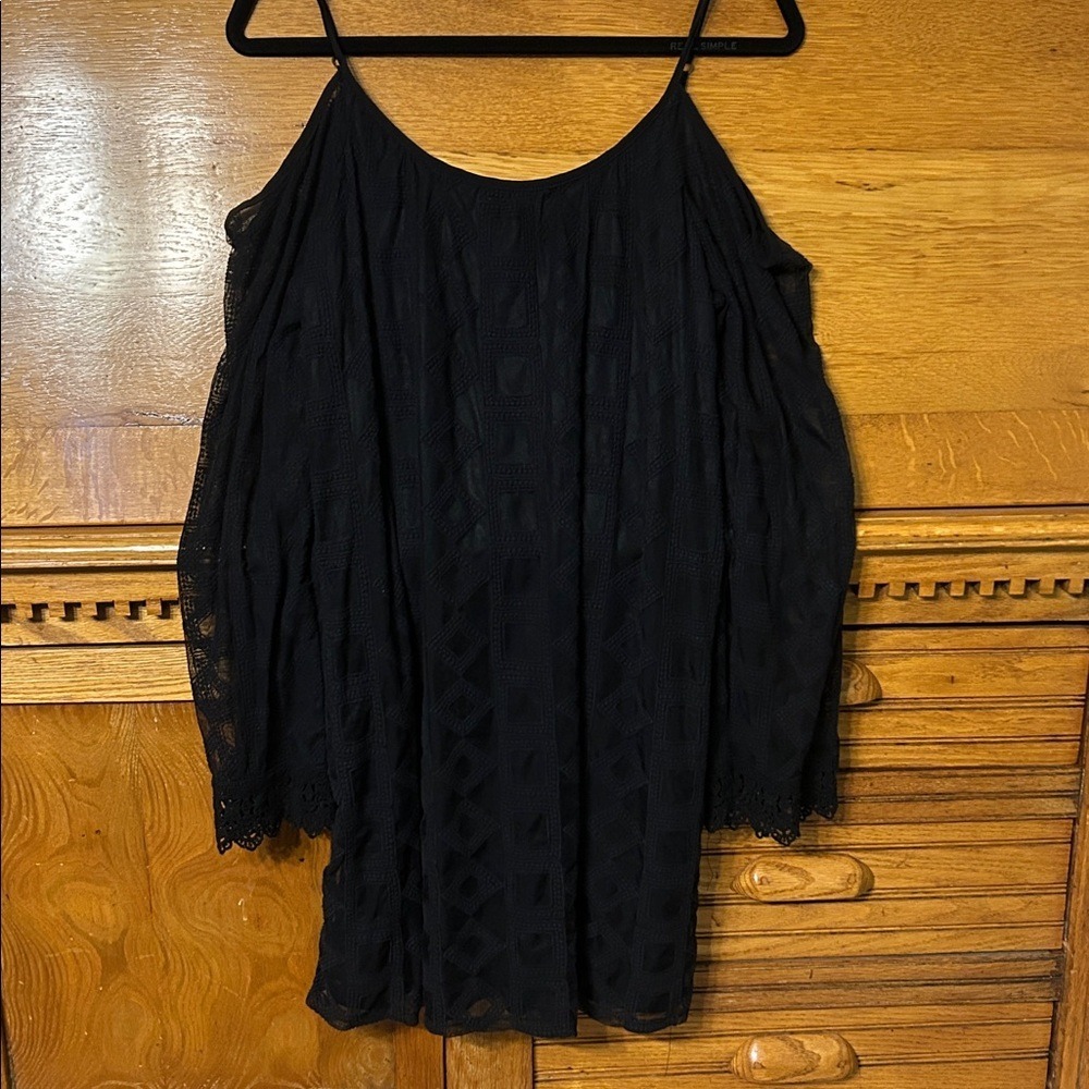 Preppy Goth Witchy Black Lace Cold Shoulder Mini Dress Bell Sleeve Whimsigoth